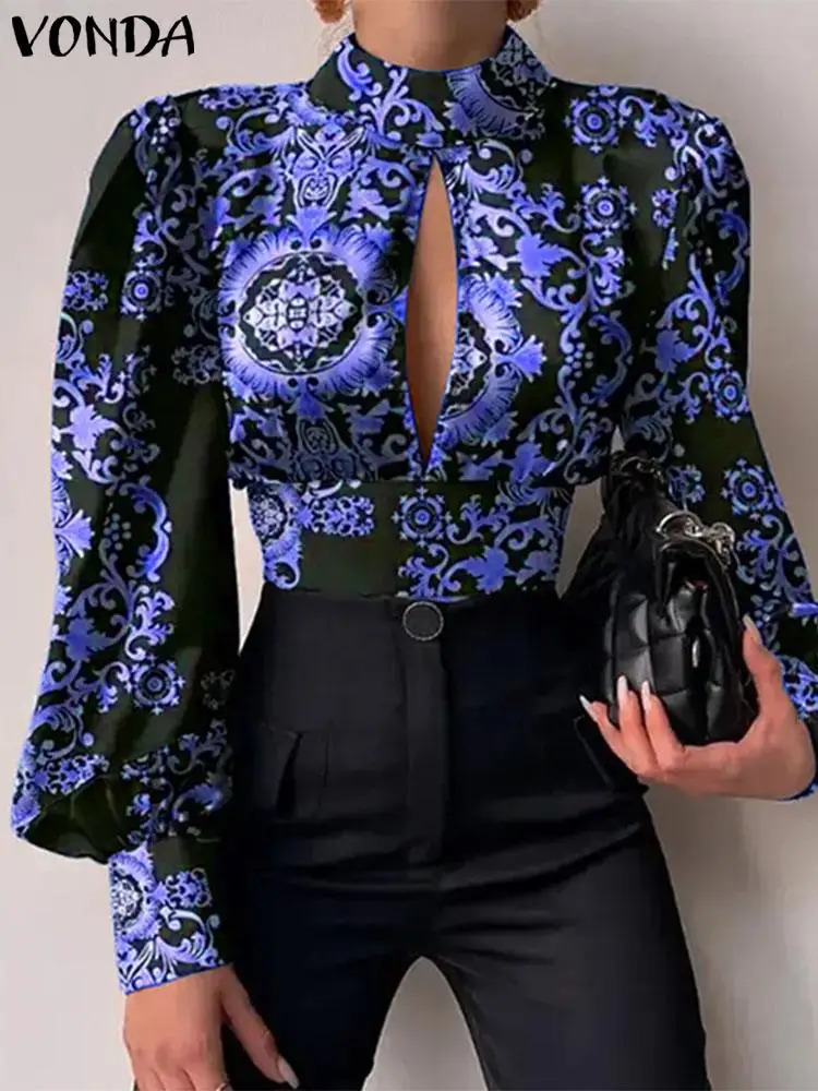 Plus Size VONDA Women Blouse High Neck Hollow Out Blusas Casual Long Lantern Sleeve Print American Style Fashion Sexy Tops 241218