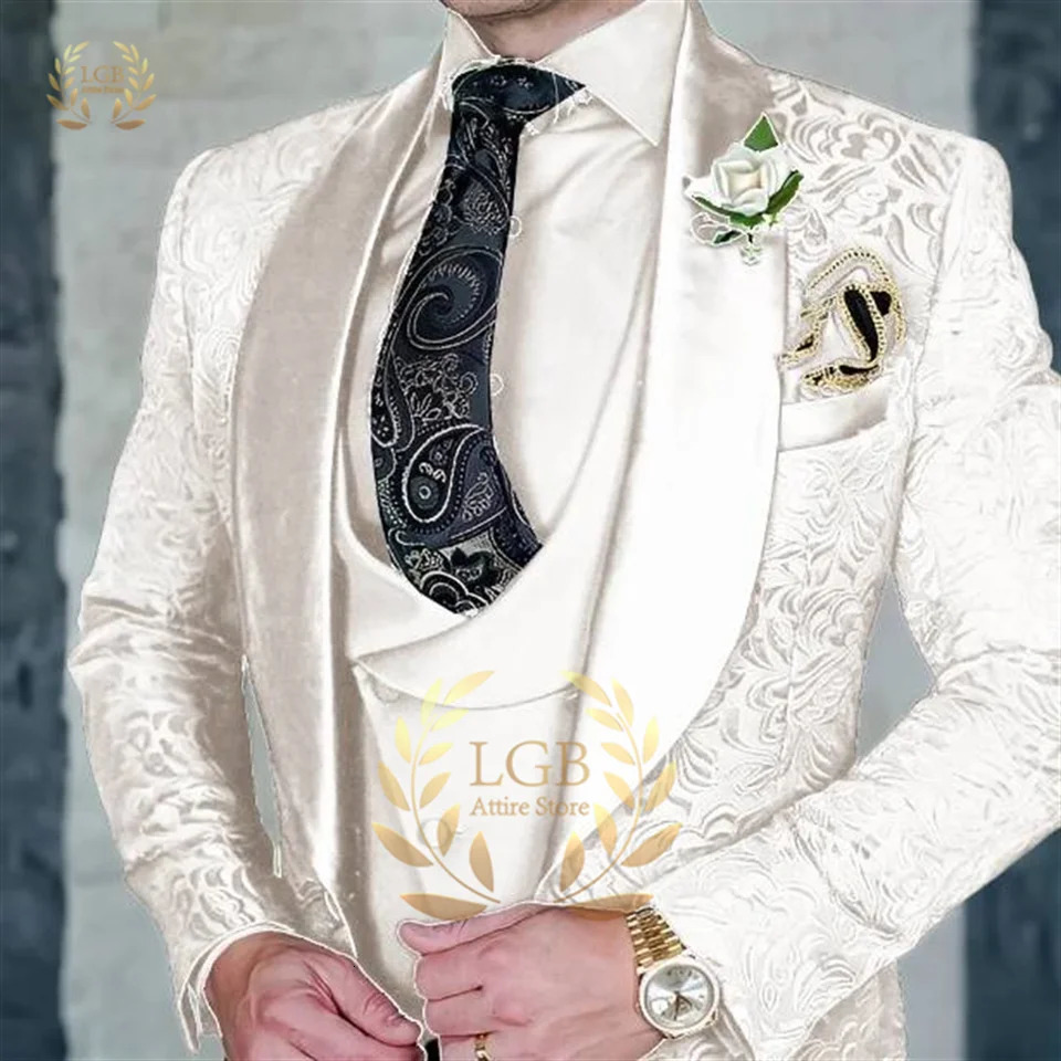 Mens navy blue suit jacket vest trousers 3 piece weddingdinner fashion floral groom clothes 241220