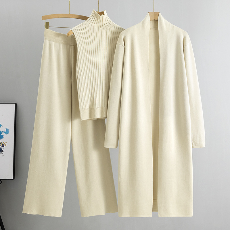 Sweater For Women Three Piece Casual Knitted Turtleneck Vest Long Sleeve Cardigan Solid Wide Leg Pant Sets