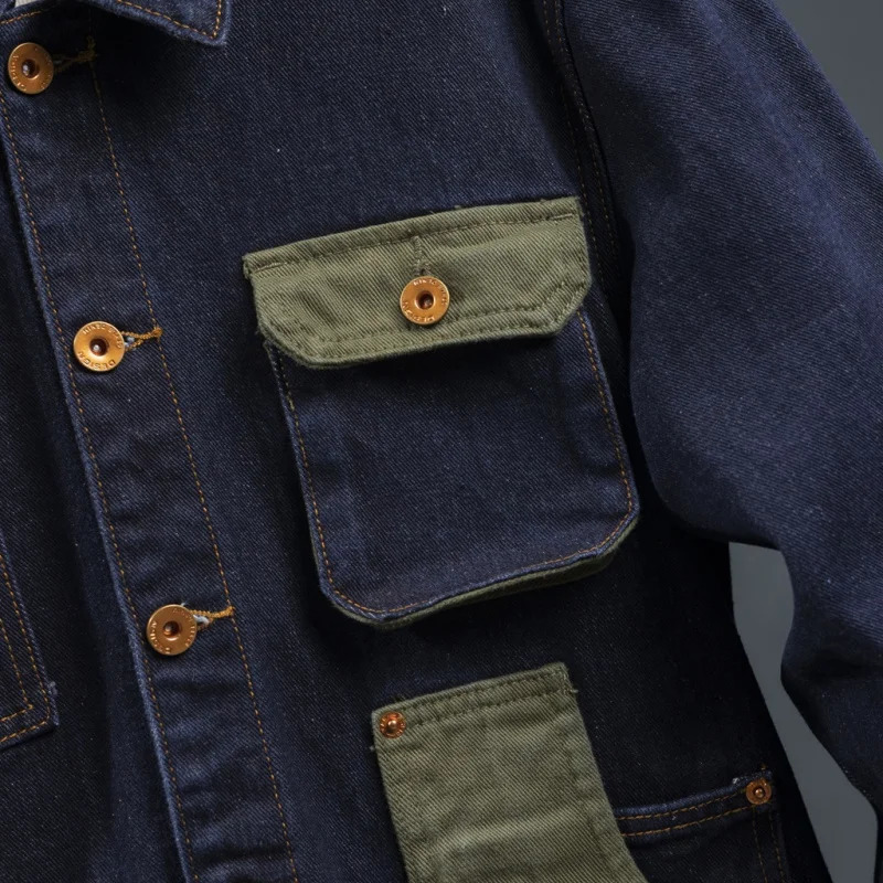 Stitching Contrast Color Denim Coat for Men Japanese Style Workwear Casual Jacket Autumn and Winter Fashion denim Tops 241220