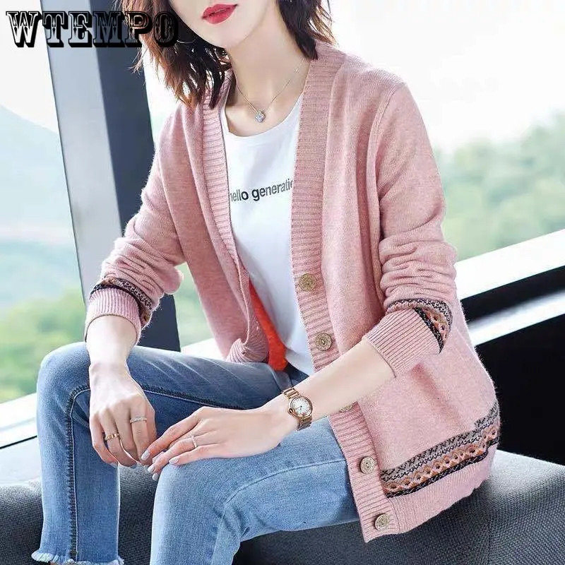 WTEMPO Spring Autumn Solid Color Womens Knitted Cardigan Long Sleeve Korean Loose VNeck Button Sweaters Coat Female Clothing 241220