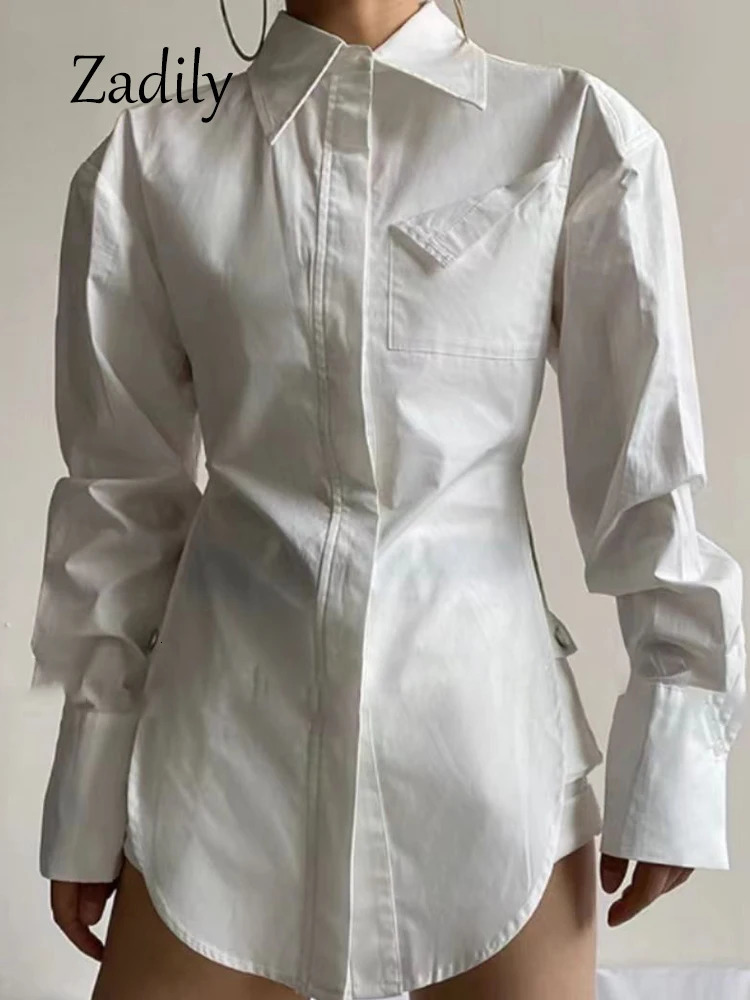 Zadily Summer In Streetwear Long Sleeve White Shirt Women Minimalist Pocket Button Up Ladies Tunic Blouse Female Tops 241218