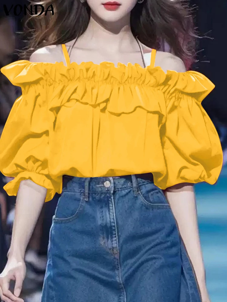 VONDA Fashion Women Blouses Casual Puff Sleeve Ruffled Tops Bohemian Solid Color Blusas Party Off The Shlouder Tunics 241218