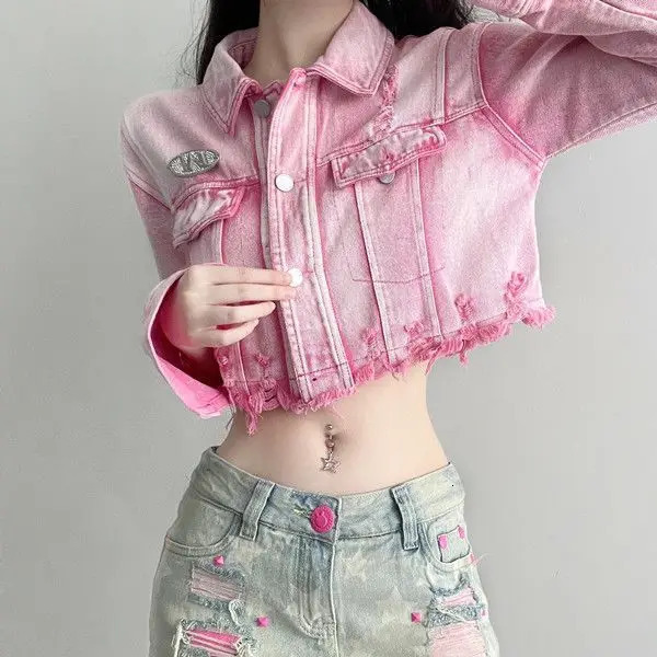 Womens short pink ripped denim jacket jeans top 241219