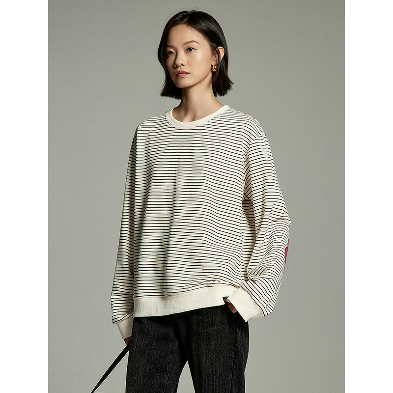 Toyouth Women Plush Sweatshirt 2023 Winter Long Sleeve O Neck Loose Hoodies 3D Wer Embroidery Black White Stripes Warm Tops