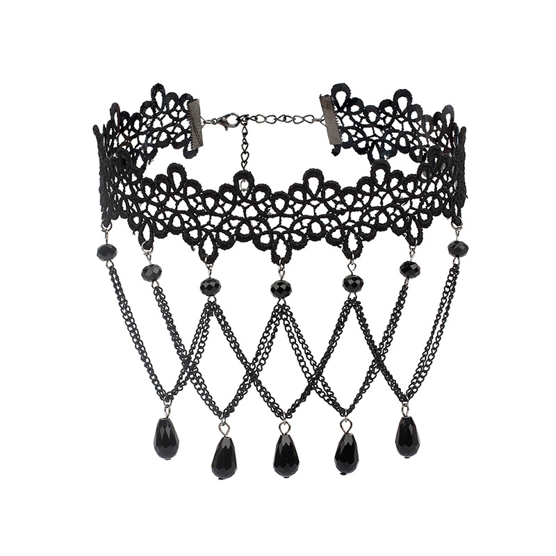 Gothic Black Lace Necklace Women Girl Boho Crystal Tassel Sexy Lace Choker Dark Jewelry Multi-Layer Fringe Lace Choker Necklace - Gothic Lolita Vintag
