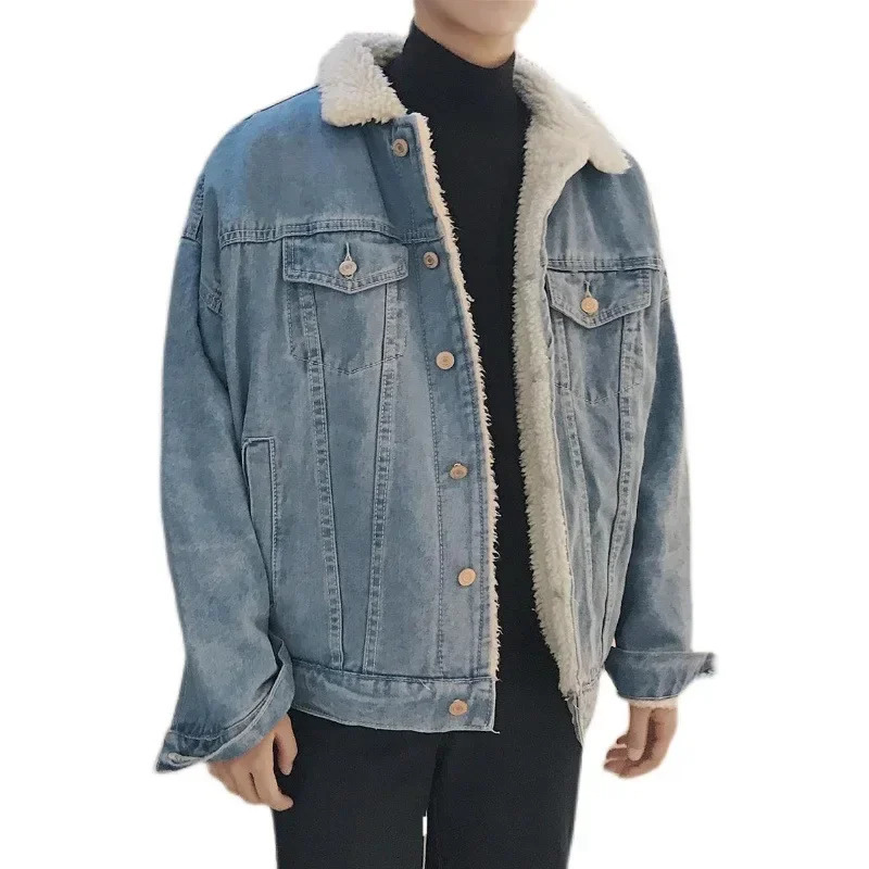 European and American Mens Winter Trendy All - Match Thickened Lamb Wool Casual Single - Breasted Denim Jacket M-XXXXL 241216