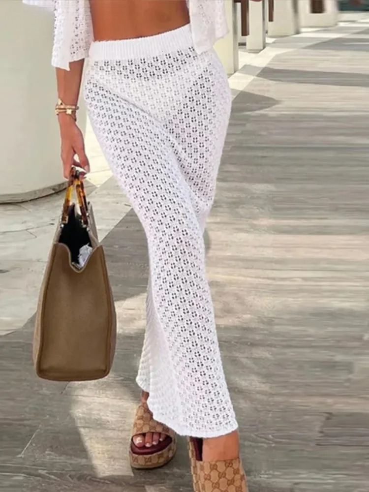 Knit Sexy Hollow Out Cardigan Skirt Suit Women Slim Single Breasted Short Sleeve Top Long Skirts Female Summer Beach Outfit