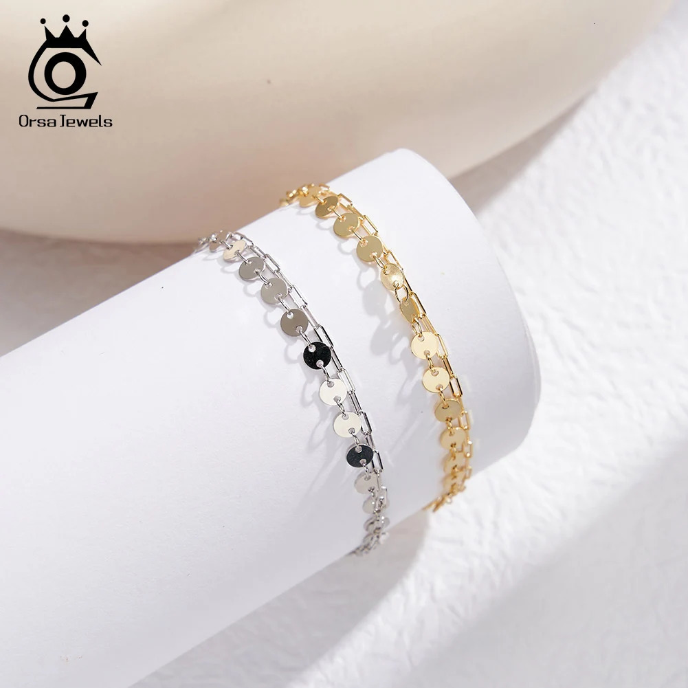 ORSA JEWELS Dual Layers 925 Sterling Silver Chain Bracelet Sequins Cross n for Women Fashion Bracelet Party Jewelry SB197 241214