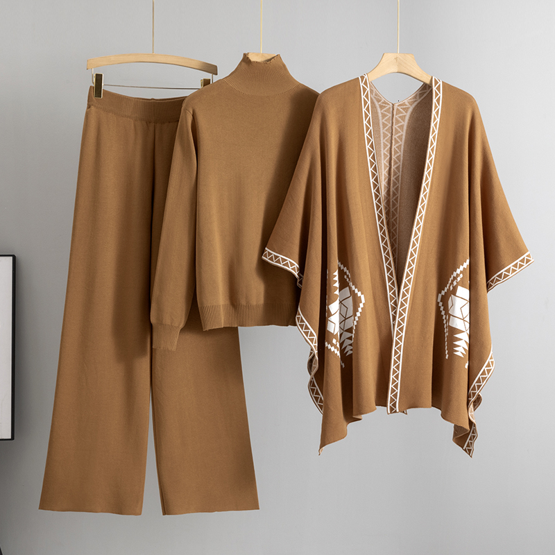 2025 Spring Lady Outfit Cozy Knit Shawl Pants Sets 3 Pieces With Women Elegant Turtleneck Sweater Wide Leg Trousers