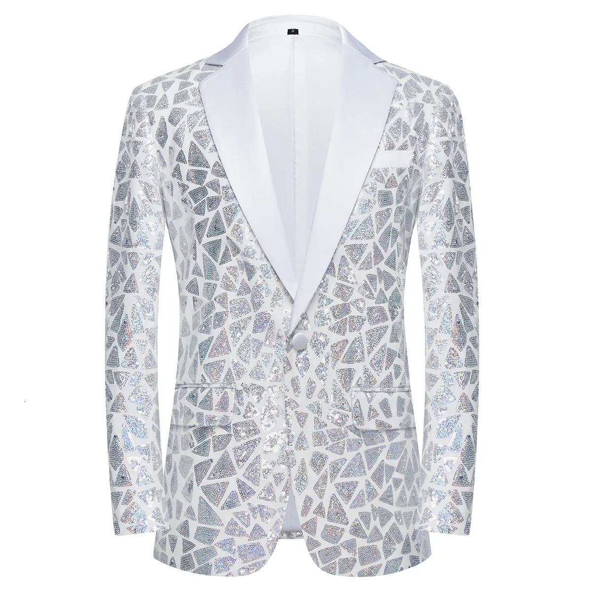 Silver White Laser Sequins Blazer Coat Men Slim Fit One Button Dress Suit Jacket Male Party Stage Performance Singer Host Tuxedo 241218