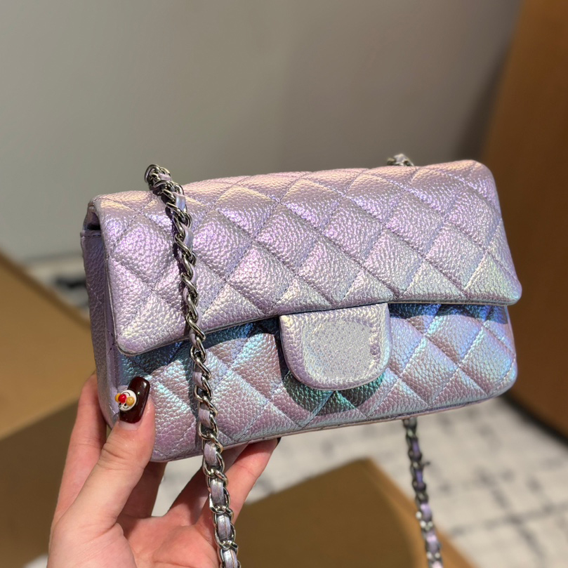 Designer Bag Women Designer Shimmer Glitter Iridescent Cf Shoulder Bag Diamond Check Silver Hardware Crossbody Handbag Turn Lock Quilted Sacoche 20X13cm