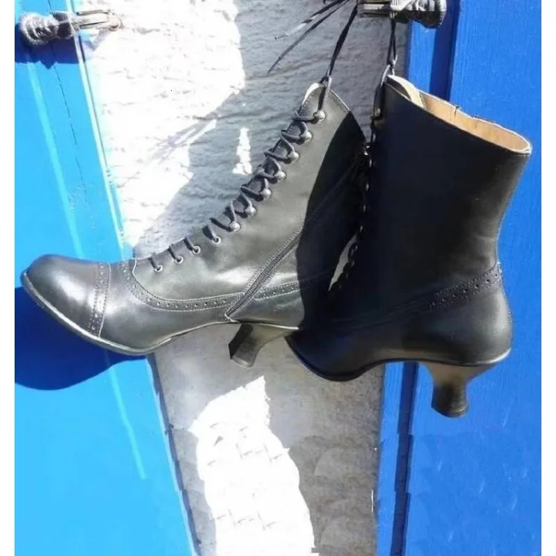 Womens Short Boots PU Leather Bicycle Boots High Toe Heel Boots Womens Victoria Boots Retro Botas 241213