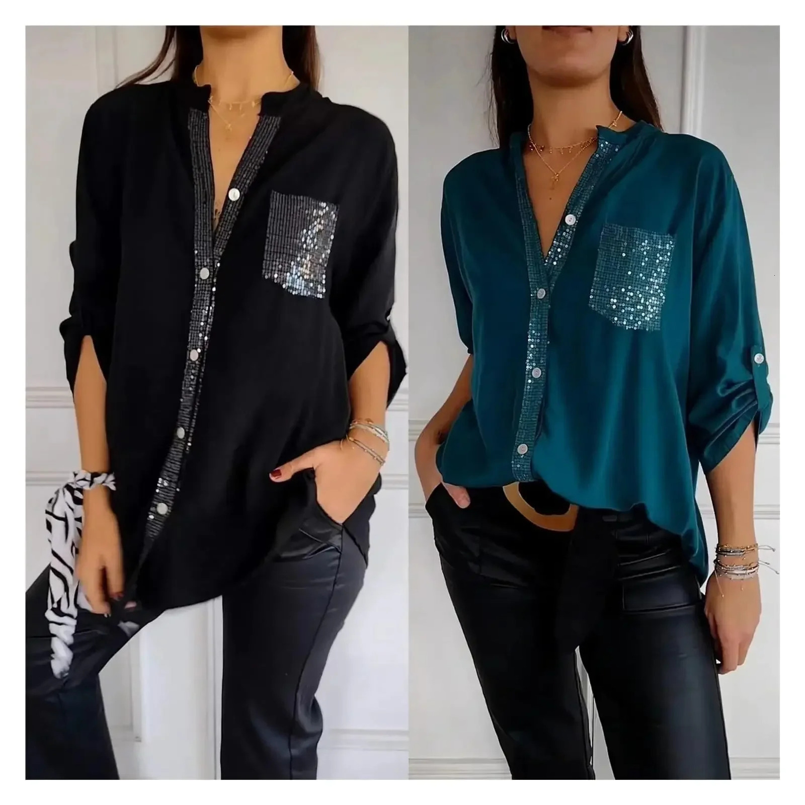 Sequin Vneck Midsleeve Casual ShirtsWomen Summer Blouses Loose Collar Button Solid Color Sun Protection Pocket Shirt 241218