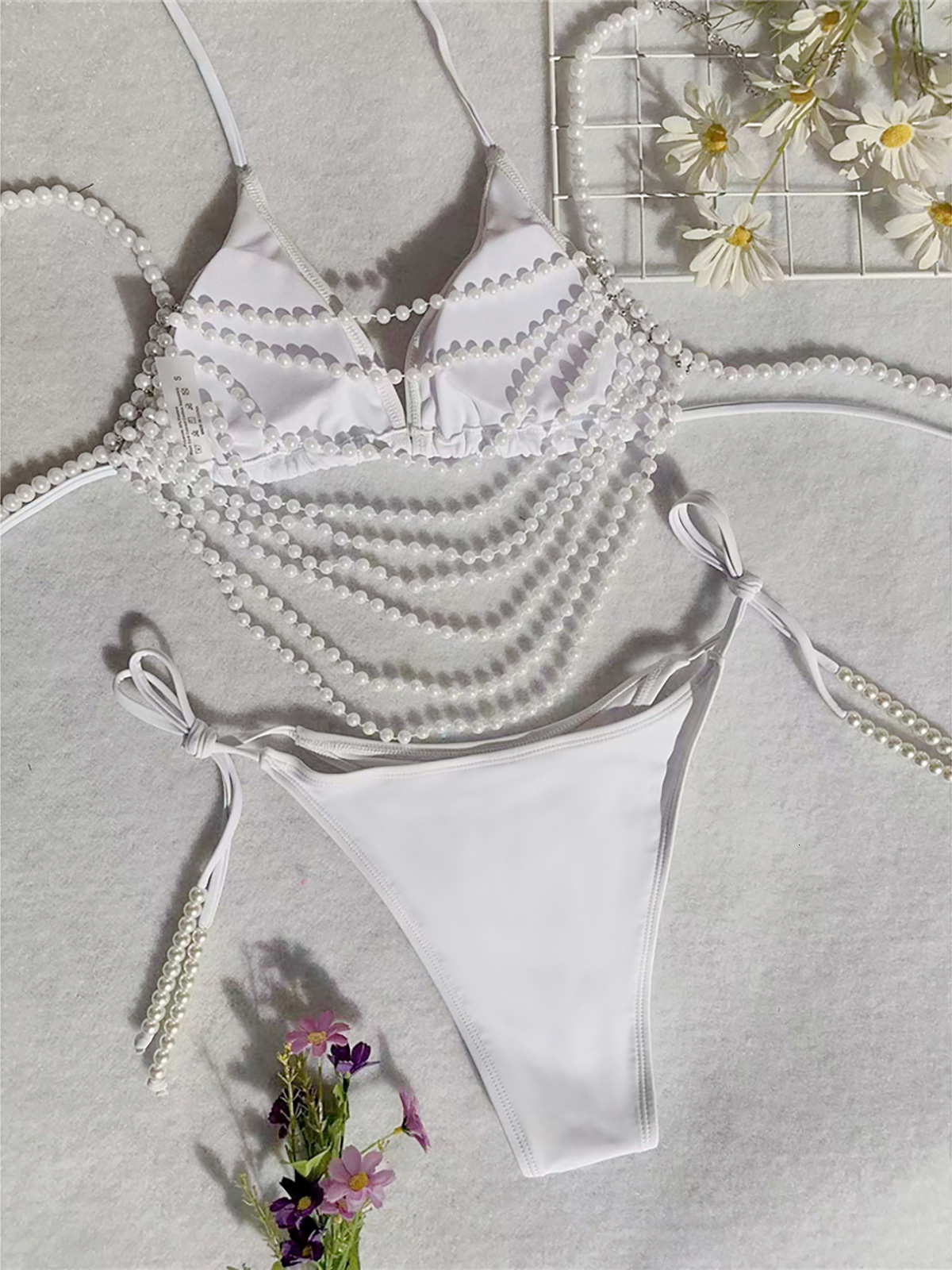 High Waisted Women's Swimsuit With Pearl Chain Suspender Women's Swimsuit Three Piece Set Bikini Designer Swimsuit Swimming Swimsuit