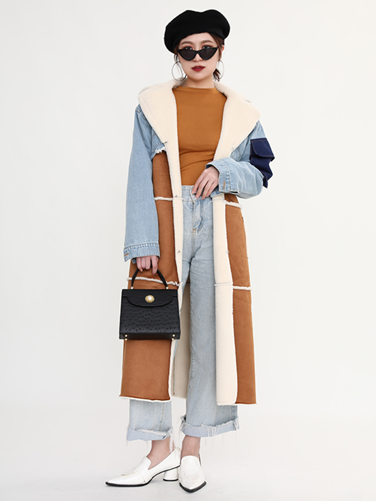 Winter Women's Jackets Turn-Down Collar Temperament Patchwork Denim Long Sleeve Overcoat Woolen Coat Female