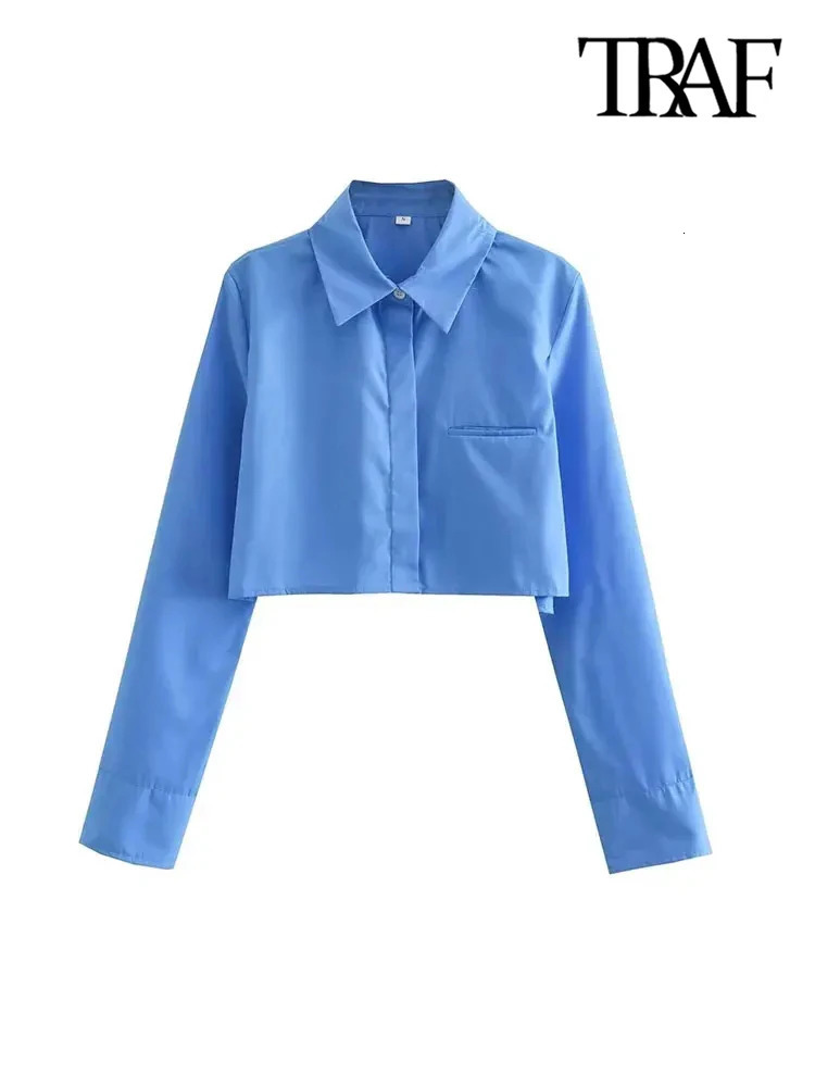 TRAF Women Fashion Loose Cropped Shirts Vintage Long Sleeve Front Button Female Blouses Blusas Chic Tops 241218