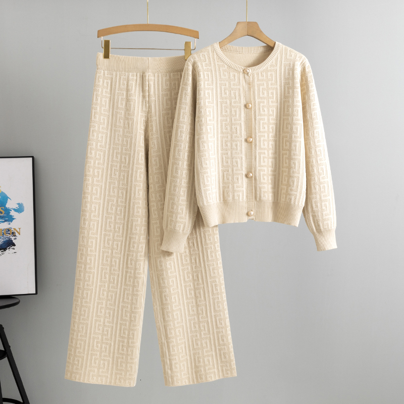 Women Elegant Knitted 2 Piece Sets Korean O-Neck Single Breasted Knit Cardigan Conjuntos Casual High Waist Sweatpants Outfit New