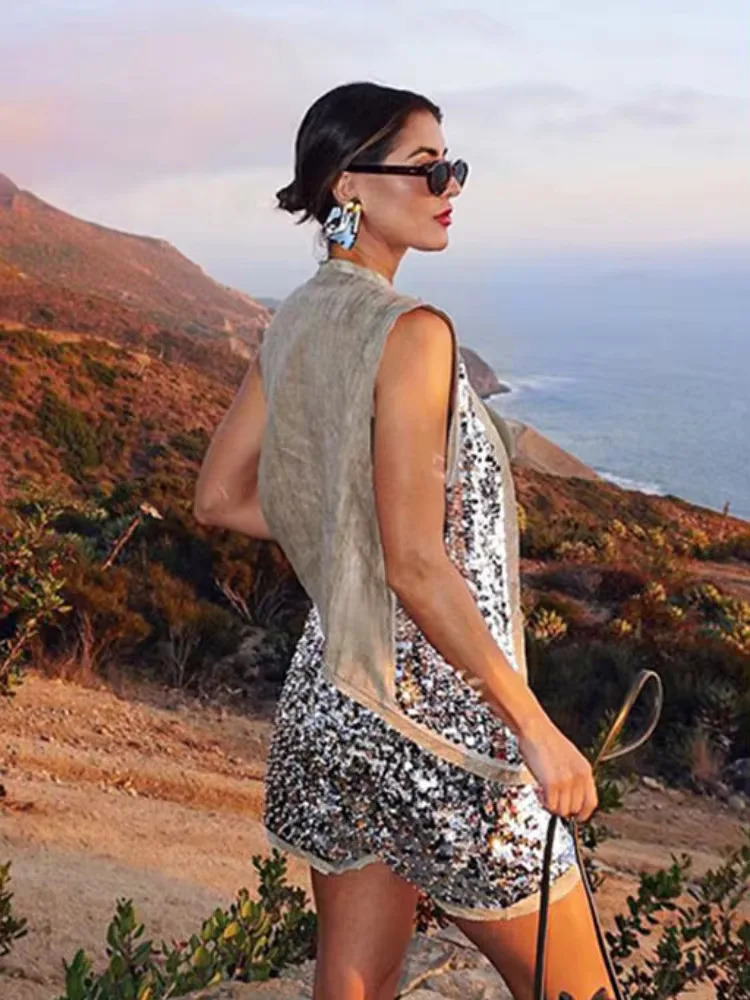 TRAF 2024 Sequin Open Vests for Women Glitter Sleeveless Vest Woman Summer Waistcoat Top Fashion Lady 241220