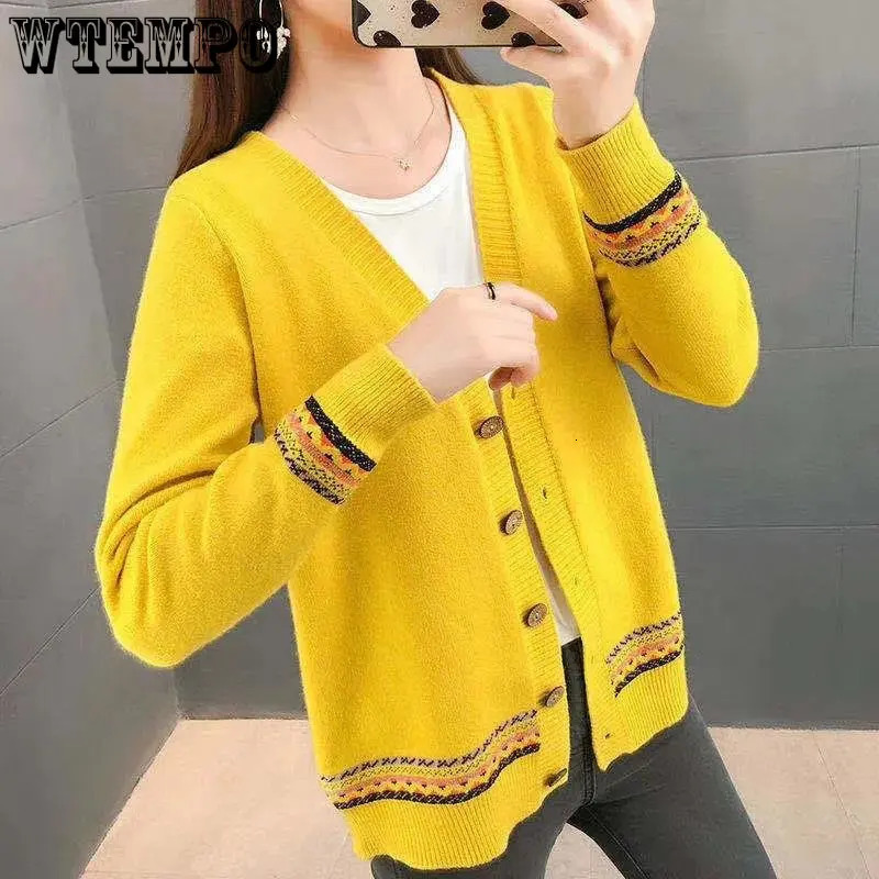 WTEMPO Spring Autumn Solid Color Womens Knitted Cardigan Long Sleeve Korean Loose VNeck Button Sweaters Coat Female Clothing 241220