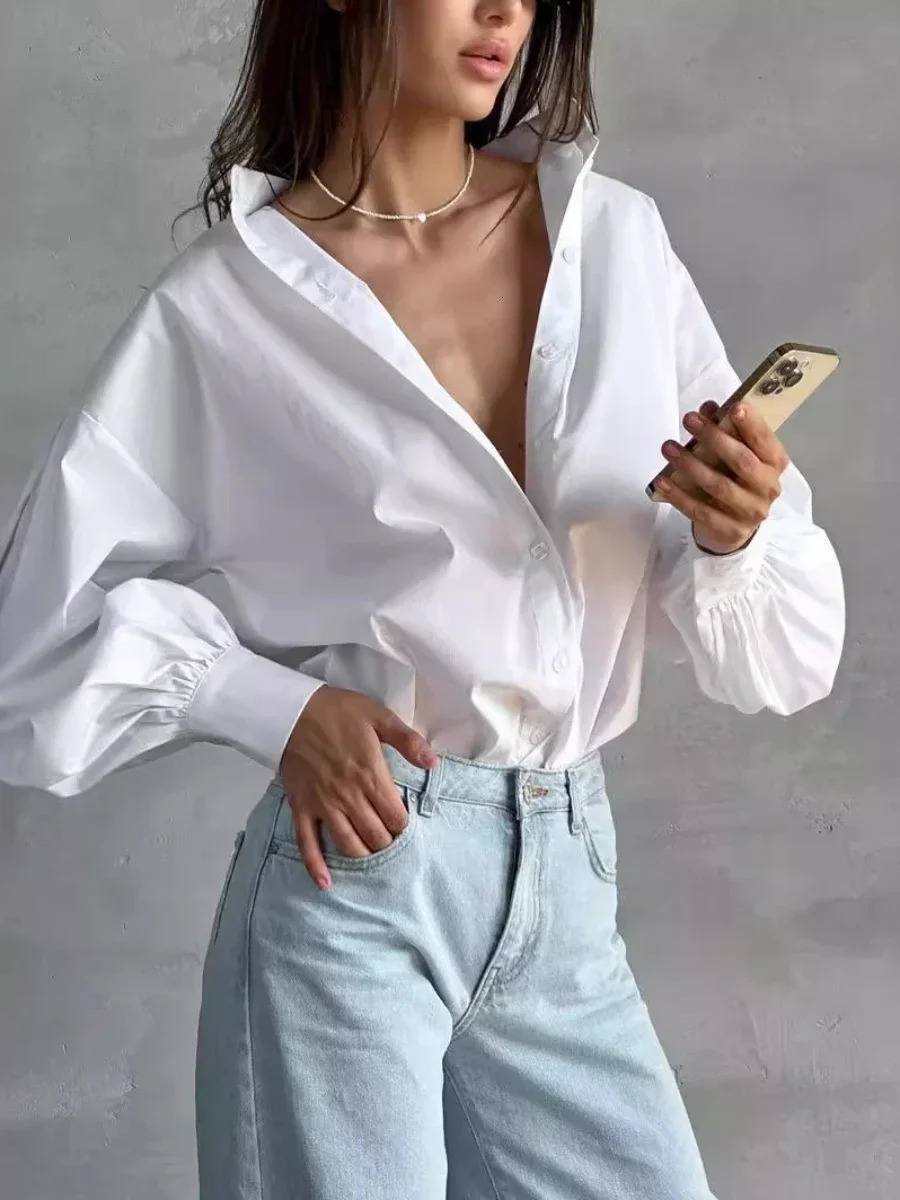 Bornladies Loose Oneck Women Stylish Shirts Spring Summer Lantern Sleeve Singlebreasted Female 100% Cotton Blouse Ladies Tops 241218