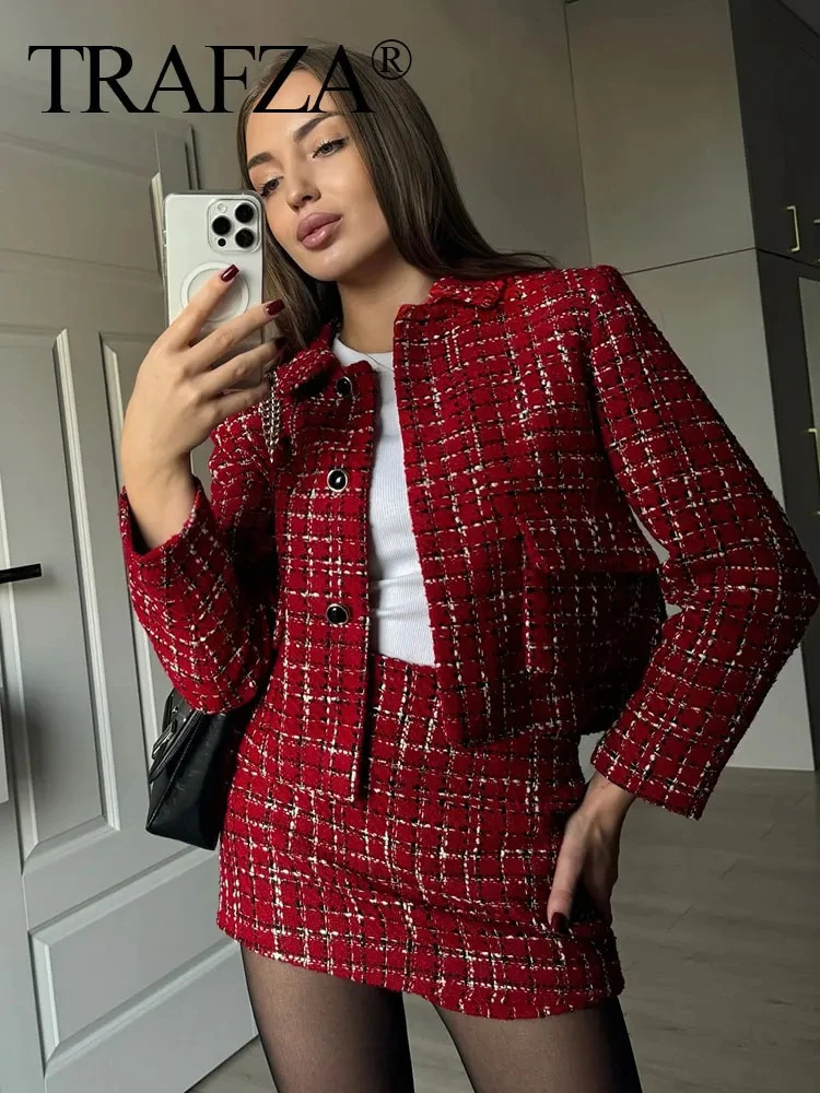 TRAFZA Womens Coarse Felt Jacket Set with Collar Long Sleeve 2024 Autumn CoatElegant Mini Skirt Suitable for Culottes Clothing High Street 241211