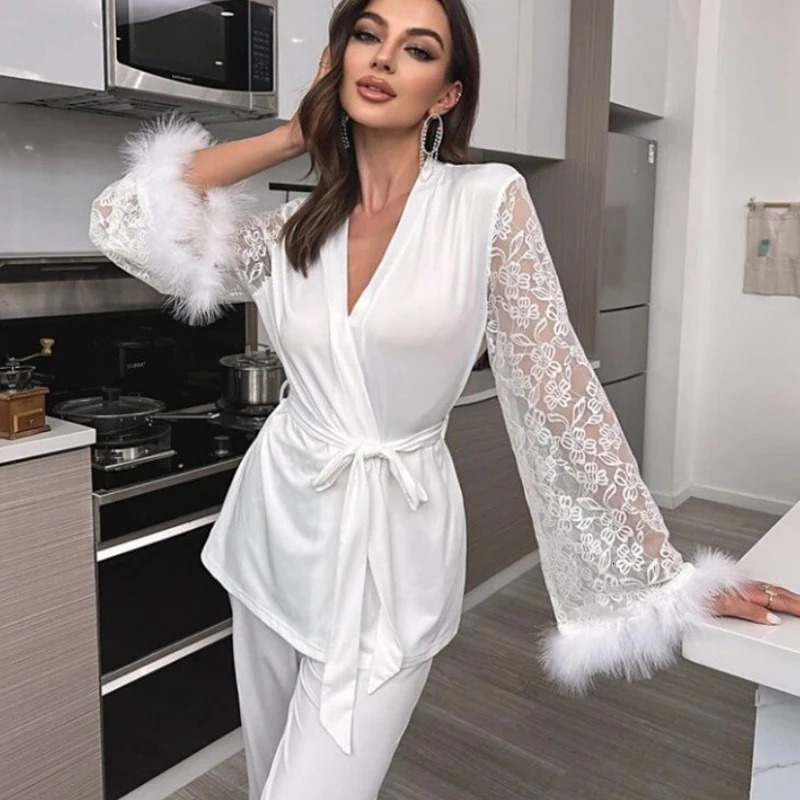 Womens 2 Piece Set V Neck Long Sleeve Floral Lace Feather Trim Belted Pajama Set Sleepwear 241217