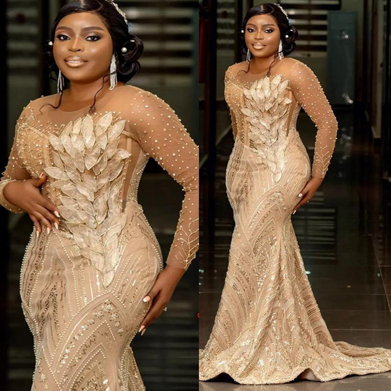 2025 Plus Size Aso Ebi Prom Dress Mermaid Evening Dresses Formal Gowns For Women Sheer Neck Long Sleeves Flora Beaded Lace Birthday Dress Second Recep