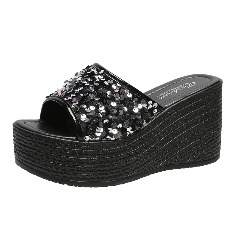 Summer new foreign trade large size women's wedge sandals sequined European and American style casual comfortable black soles 34-43