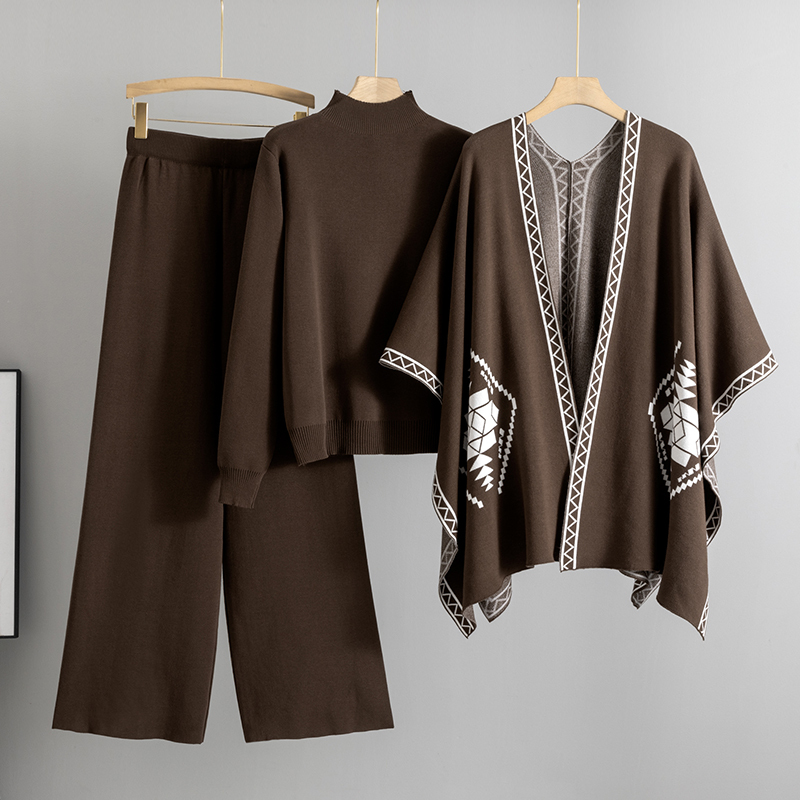 2025 Spring Lady Outfit Cozy Knit Shawl Pants Sets 3 Pieces With Women Elegant Turtleneck Sweater Wide Leg Trousers