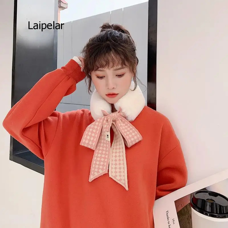 Autumn Winter Houndstooth Fashion Crochet Knitted Scarf Foulard Femme Faux Fur Collar Neck Warmer Scarves for Women 241220