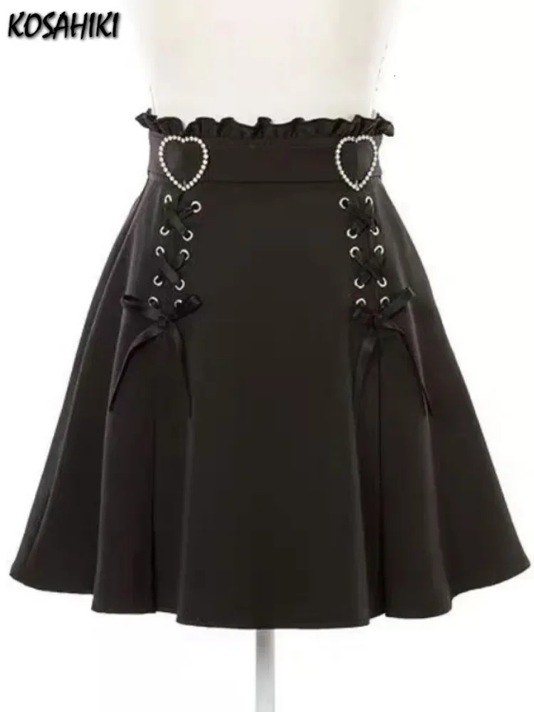 Y2k Aesthetic Harajuku Style Sweet Girl High Waist Mini Bandage Skirt Slim Women Solid Streetwear Gothic Jk Saia Feminina 241217