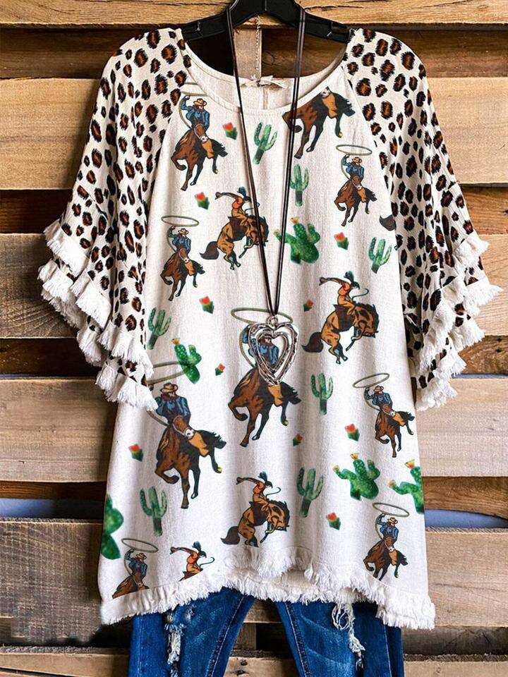 2021 Women's Round Neck Short Sleeve Printed Temperament Commuter Loose Cotton T-shirt with Head Set, 2024 New Casual Versatile Fashion Clothing