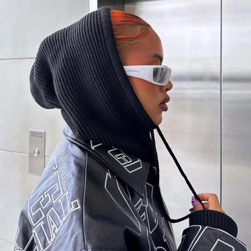 Women Windproof Hooded Scarf Hats Skullies Solid Color Knitted Pullover Drawstring Balaclava Winter Warm Hat Beanie Cap 241214
