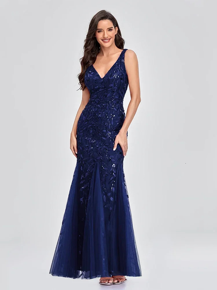 Womens Sleeveless Embroidered Beaded Fabric Evening Gown V Neck Elegant Mermaid Skirt Dress Formal Party Dress Catwalk Stage 241217