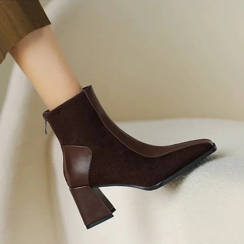Vintage Square Toe Women Ankle Boots Fashion Back Zippers Short Booties Autumn Winter Ladies Concise Office Thick Heels Shoes 241213