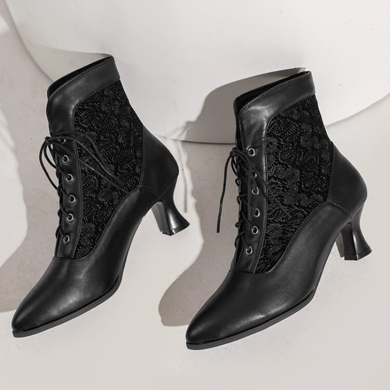 Womens Victorian Ankle Boots Leather Lace Heel Shoes Womens Fashion Lace Heel Splicing Womens High Heels 241213