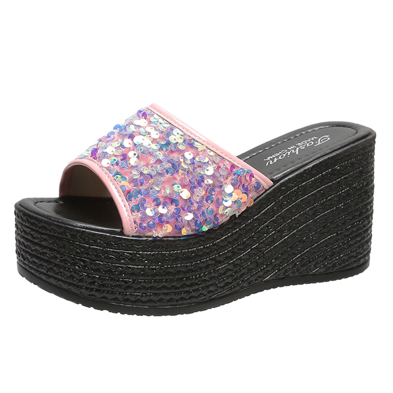 Summer new foreign trade large size women's wedge sandals sequined European and American style casual comfortable black soles 34-43