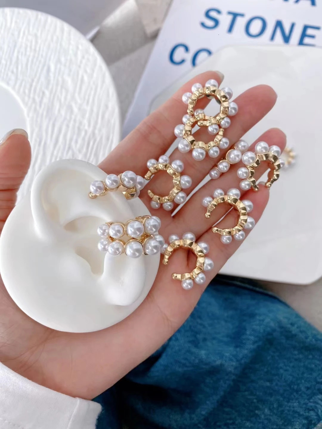 5Pairs Korean Women Gold Plated Pearl Shell Ear Cuff Vintage Geometric Circle Earcuff Piercing Pearls Clip on Earings 241220