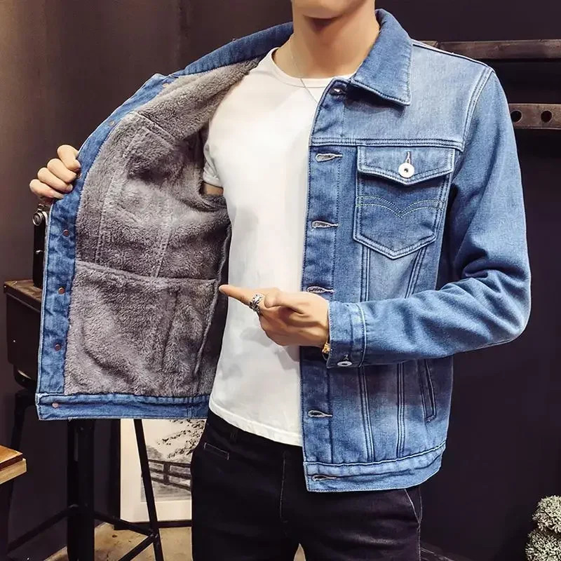 Male Jean Coats with Sheep Mens Denim Jacket Warm Padding Black Padded Wool Button in Lowest Price G Winter Outerwear One Piece 241216