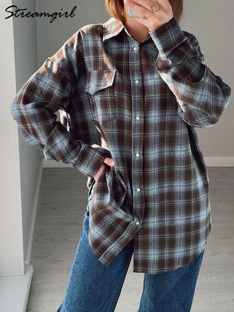 Plaid Oversized Shirts For Women Office Autumn Winter Loose Buttoned Shirt Pocket Long Sleeve Vintage Blouses 241218