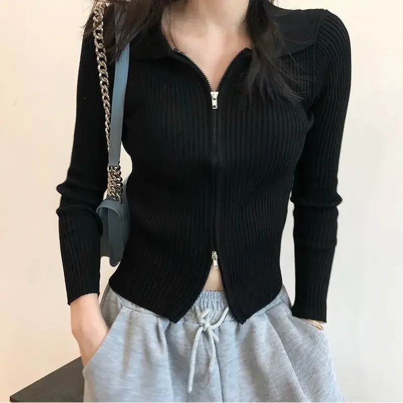 Womens polo Collar Knitted Cardigan 2024 Early Autumn Slim Fit Slimming and Short DoubleHeaded LongSleeve Zipper Top 241220