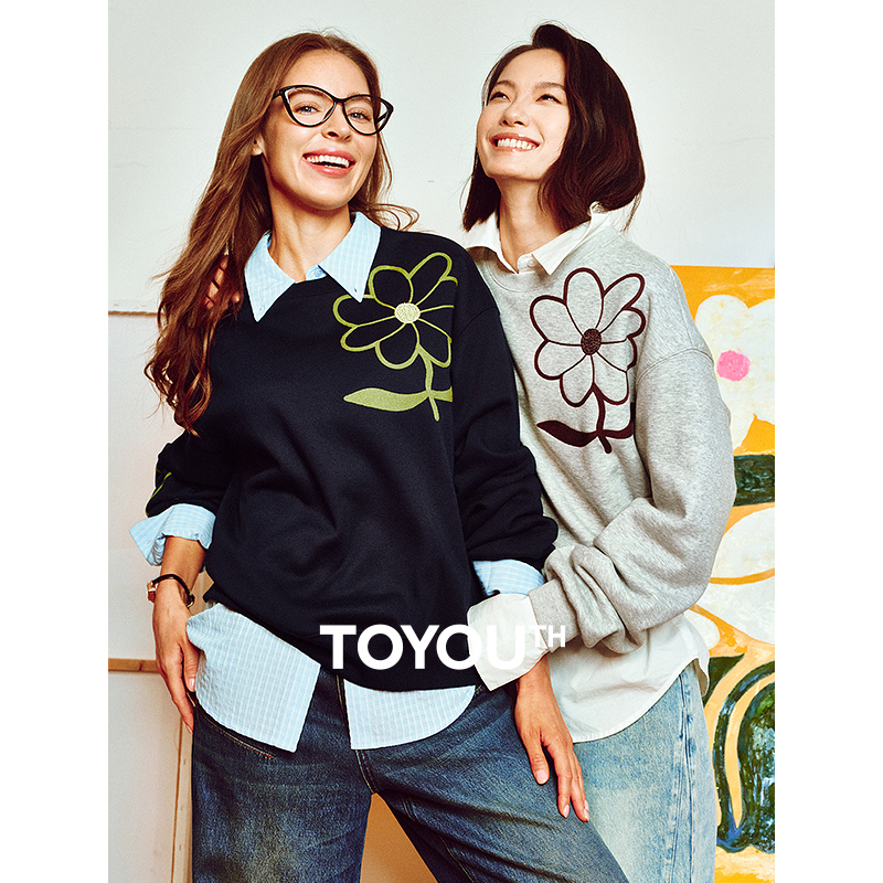 TOYOUTH Women Fleece Hoodies Sweatshirt 2024 Autumn New Ral Round Neck Long Sleeve Pullover Tops