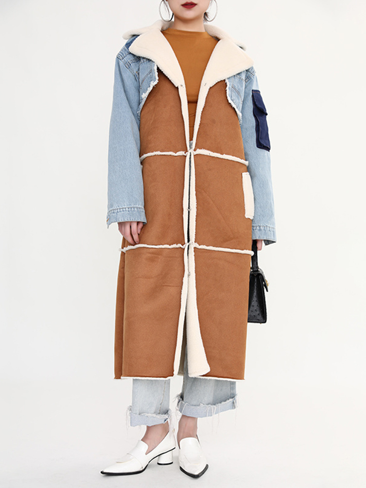 Winter Women's Jackets Turn-Down Collar Temperament Patchwork Denim Long Sleeve Overcoat Woolen Coat Female