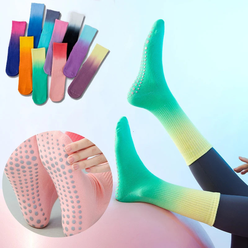 3 pairs of womens yoga socks gradient cotton anti slip Pilates socks grip crew breathable mid pipe dance ballet fitness socks 241219