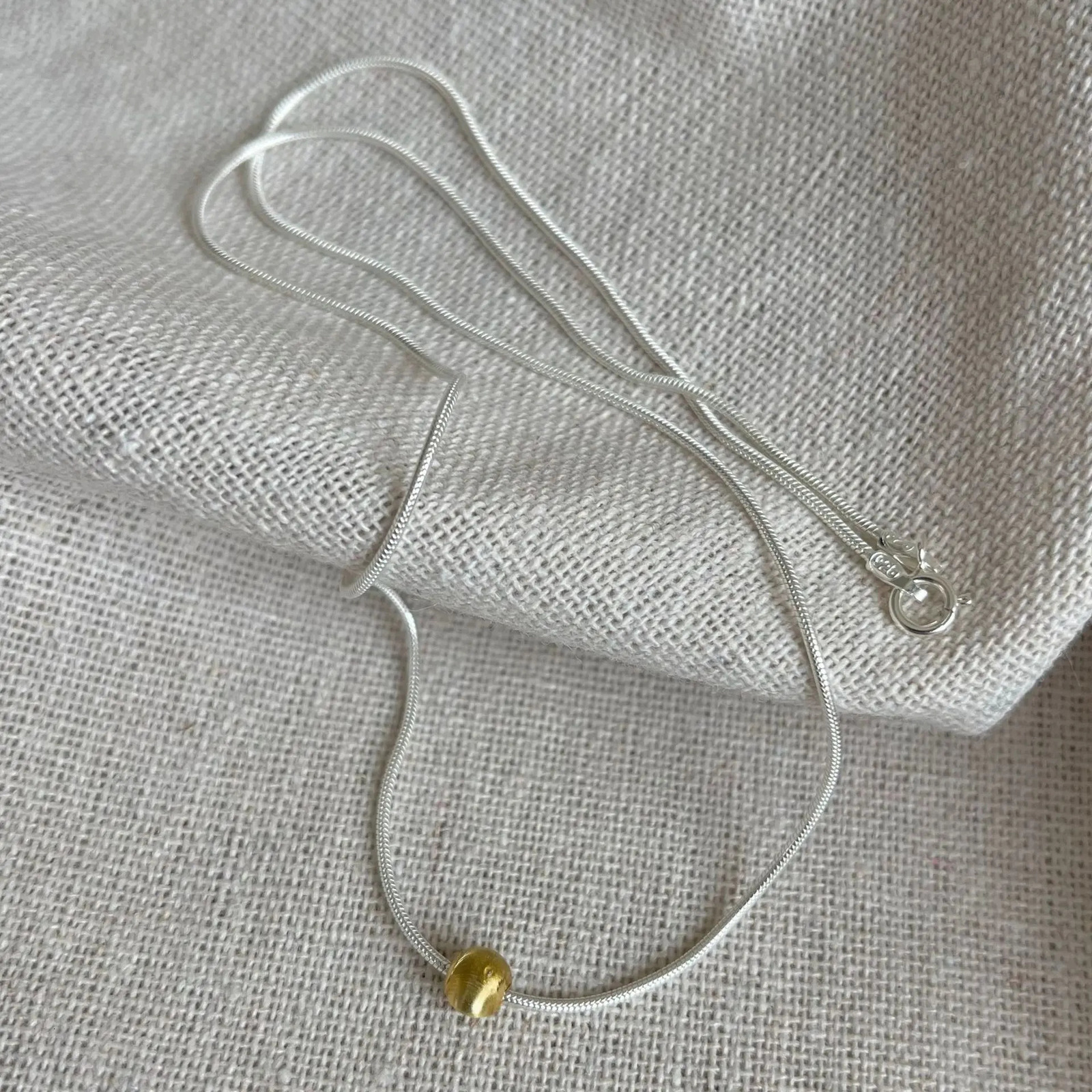 two-tone Original 18k gold Solid Real. 925 Sterling silver Lucky Circle Ball Pendant Snakebone Chain necklace C-B1156 241220
