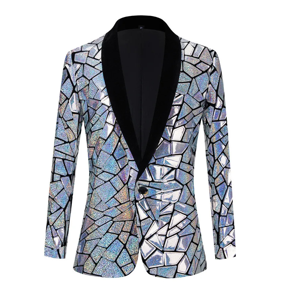 Glitter Silver Laser Mirror Blazer Coat Male Bar Nightclub Singer Stage Performance Sequin Suit Jacket Banquet Party Tuxedo 241218