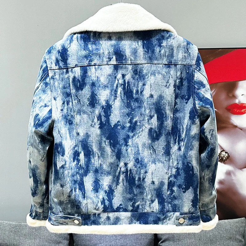 PFHQ Plush n Mens Denim Fur Parka Jacket Sequin Patchwork Contrast Color Long Sleeve Male Tops Streetwear 21Z7713 241216