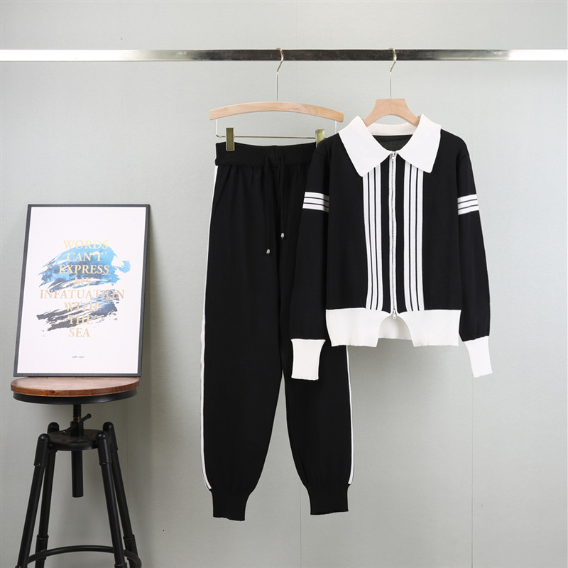 Leisure Sports Knitted Long Sleeve Women's new Autumn New Stand Collar Zipper Cardigan Trousers 2Pcs Track Suit
