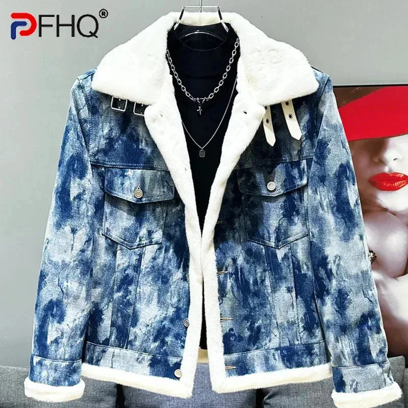 PFHQ Plush n Mens Denim Fur Parka Jacket Sequin Patchwork Contrast Color Long Sleeve Male Tops Streetwear 21Z7713 241216